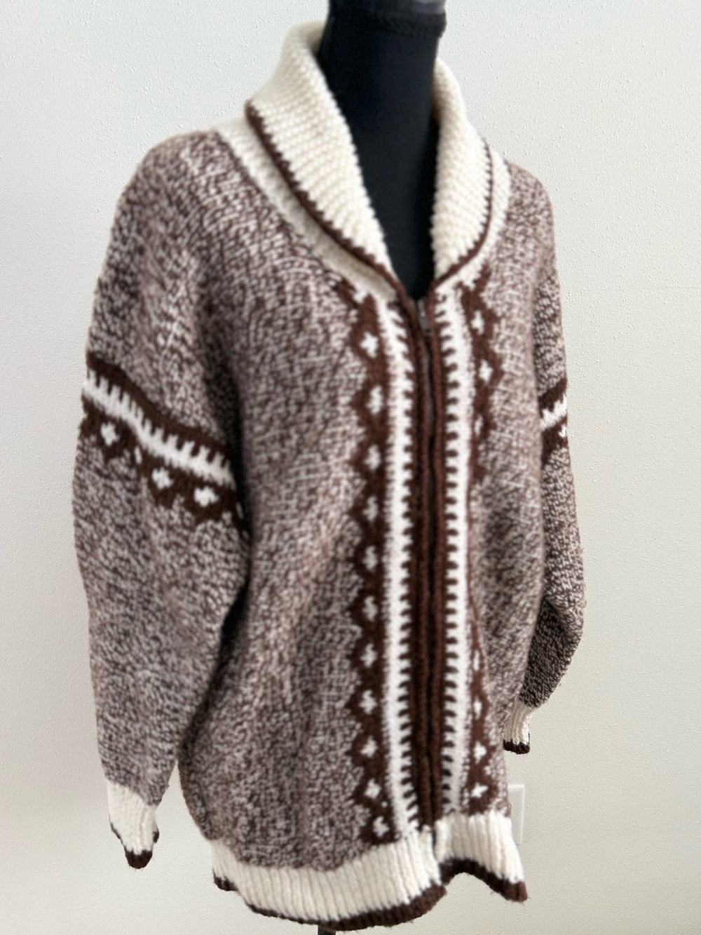 Vintage Hand Knit Lodge Sweater Nordic Zip Cardigan Oversized